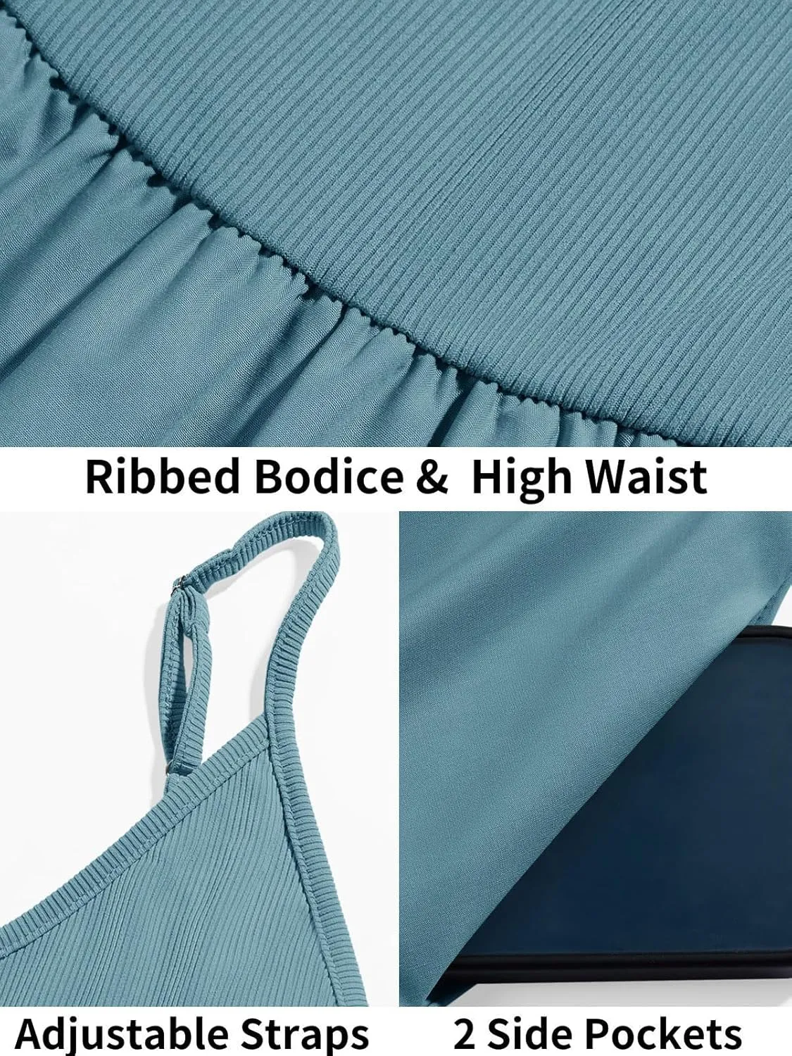 Fisoew Womens Spaghetti Strap Dress V Neck Backless Summer Casual A Line Cami Dress with Pocket