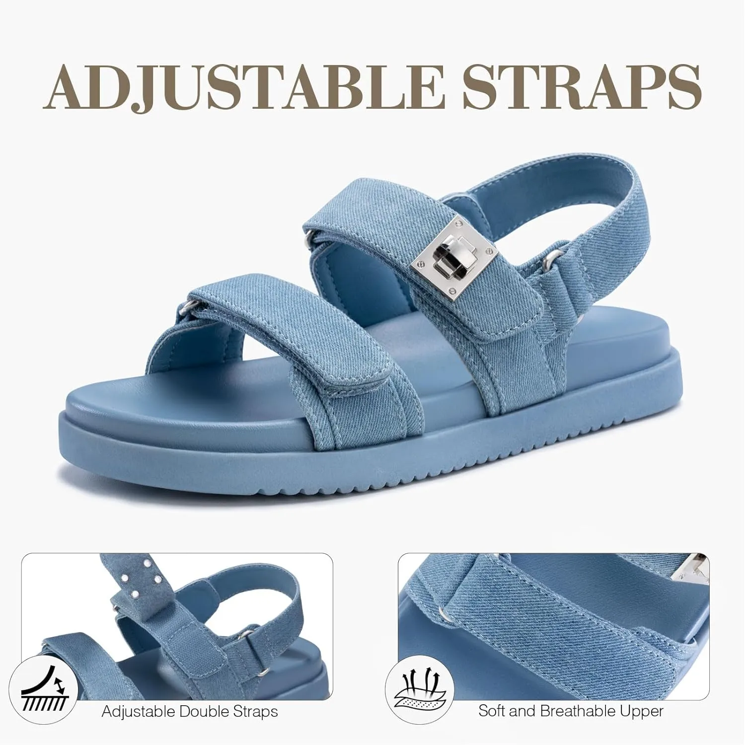 FITORY Women's Flat Sandals Classic Adjustable Double Strap with Cushioned Footbed for Summer Size 6-11