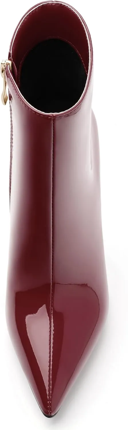 FOGEENA Ankle Boots for Women Pointed Toe Stiletto High Heel Patent Leather Side Zipper 4.7 Inch Short Booties Sexy Wedding Dating Work Fall Shoes