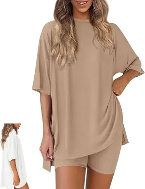 Frunqui Two Piece Set,Women's Summer Two Piece Lounge Set 2025 Summer Casual Oversized Shirts Biker Shorts