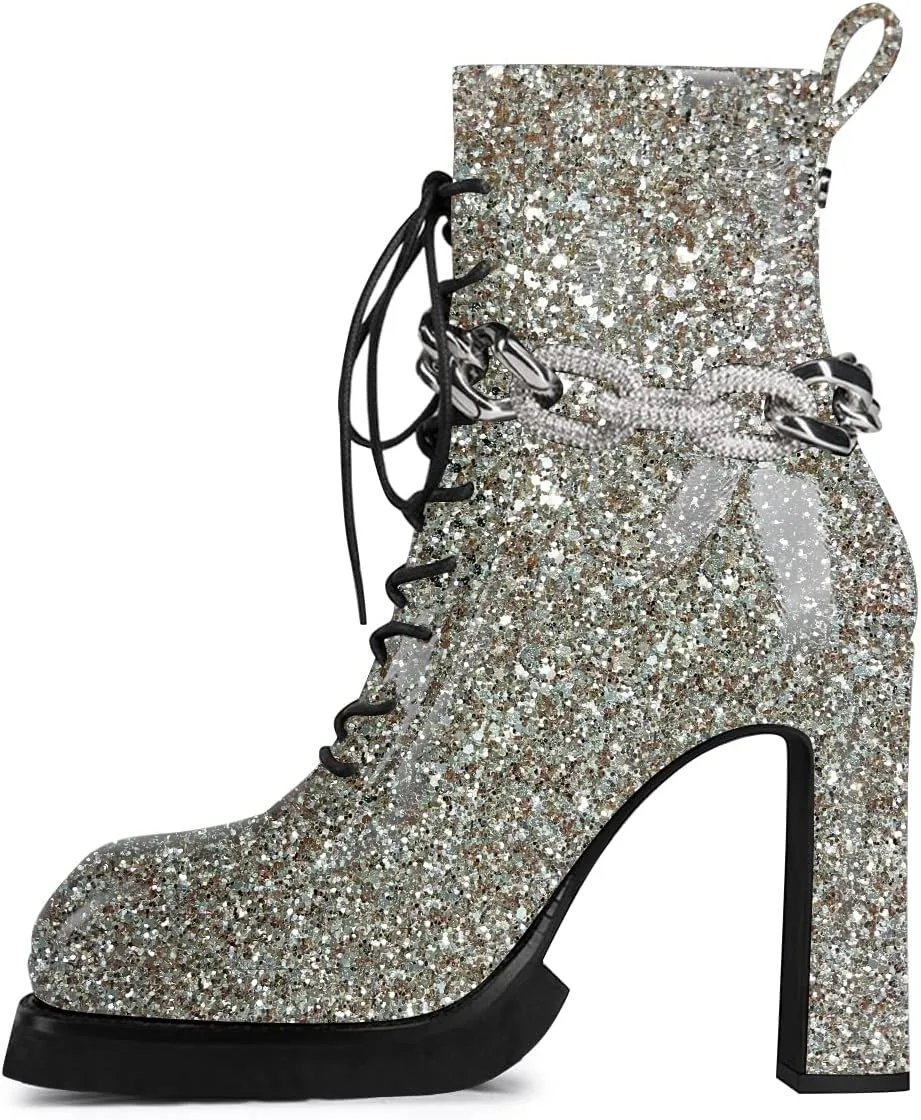FSJ Women Chunky Platform Heel Ankle Boots Punk Lace Up Combat Boots Studded Chain Round Toe Gothic Mid Calf Booties Side Zipper Leather Motorcyle Boots Size 4-15 US