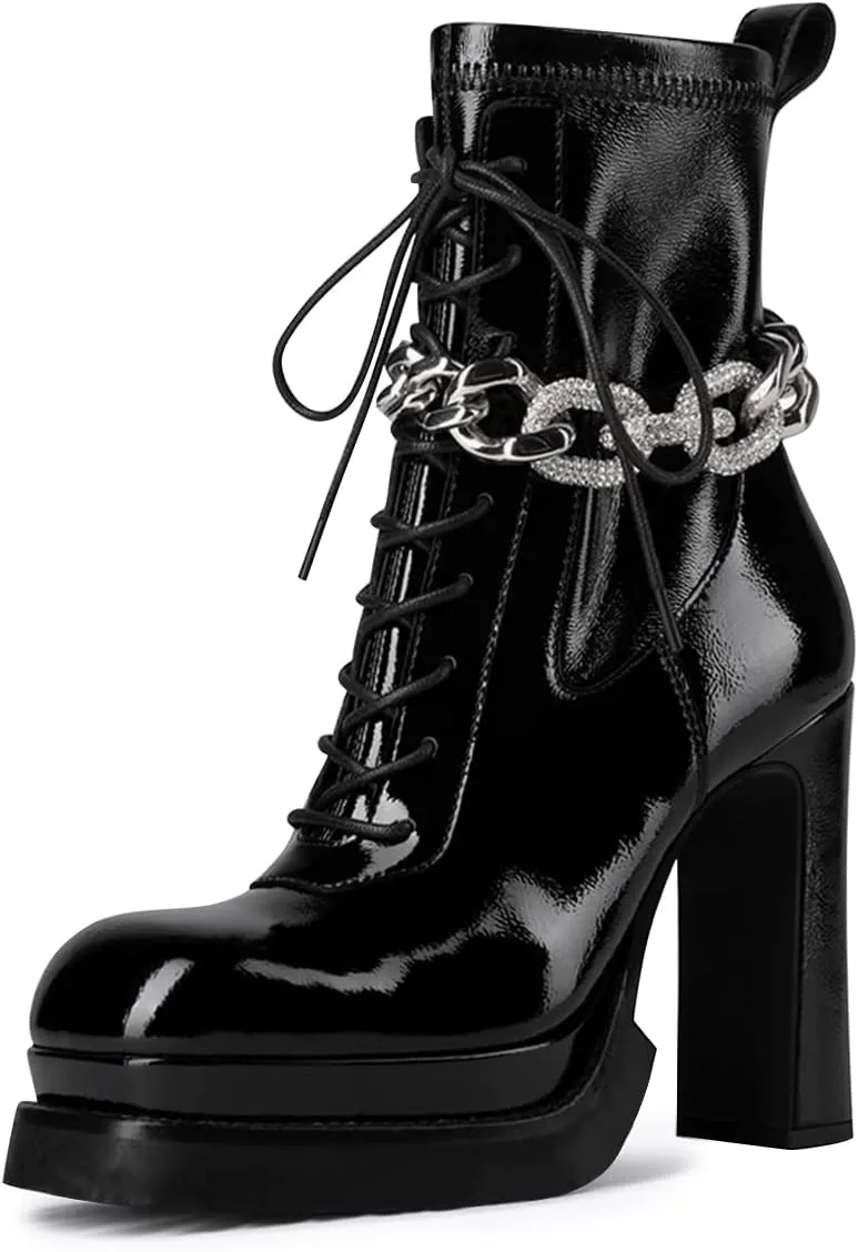 FSJ Women Chunky Platform Heel Ankle Boots Punk Lace Up Combat Boots Studded Chain Round Toe Gothic Mid Calf Booties Side Zipper Leather Motorcyle Boots Size 4-15 US