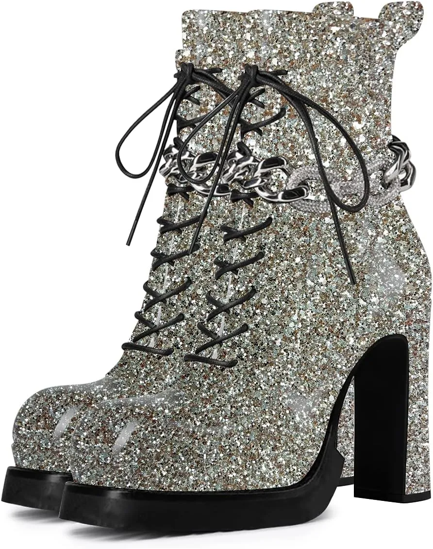 FSJ Women Chunky Platform Heel Ankle Boots Punk Lace Up Combat Boots Studded Chain Round Toe Gothic Mid Calf Booties Side Zipper Leather Motorcyle Boots Size 4-15 US