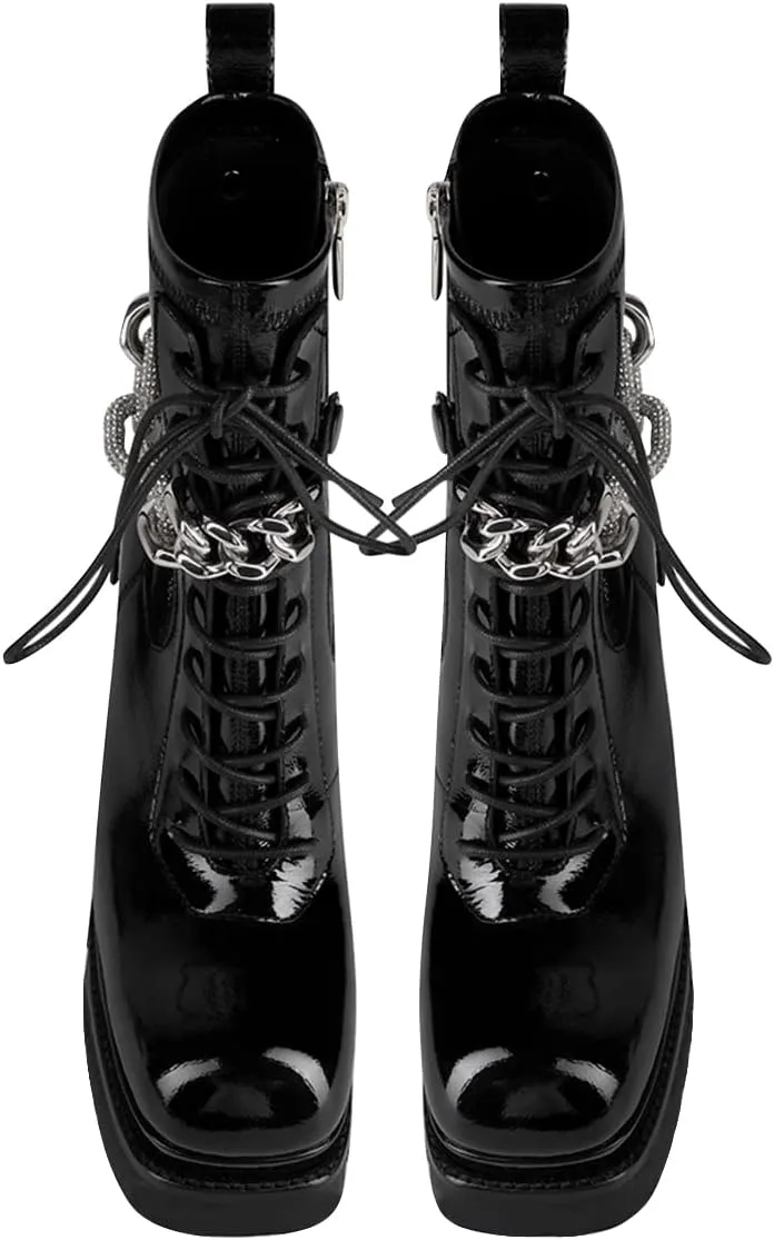 FSJ Women Chunky Platform Heel Ankle Boots Punk Lace Up Combat Boots Studded Chain Round Toe Gothic Mid Calf Booties Side Zipper Leather Motorcyle Boots Size 4-15 US