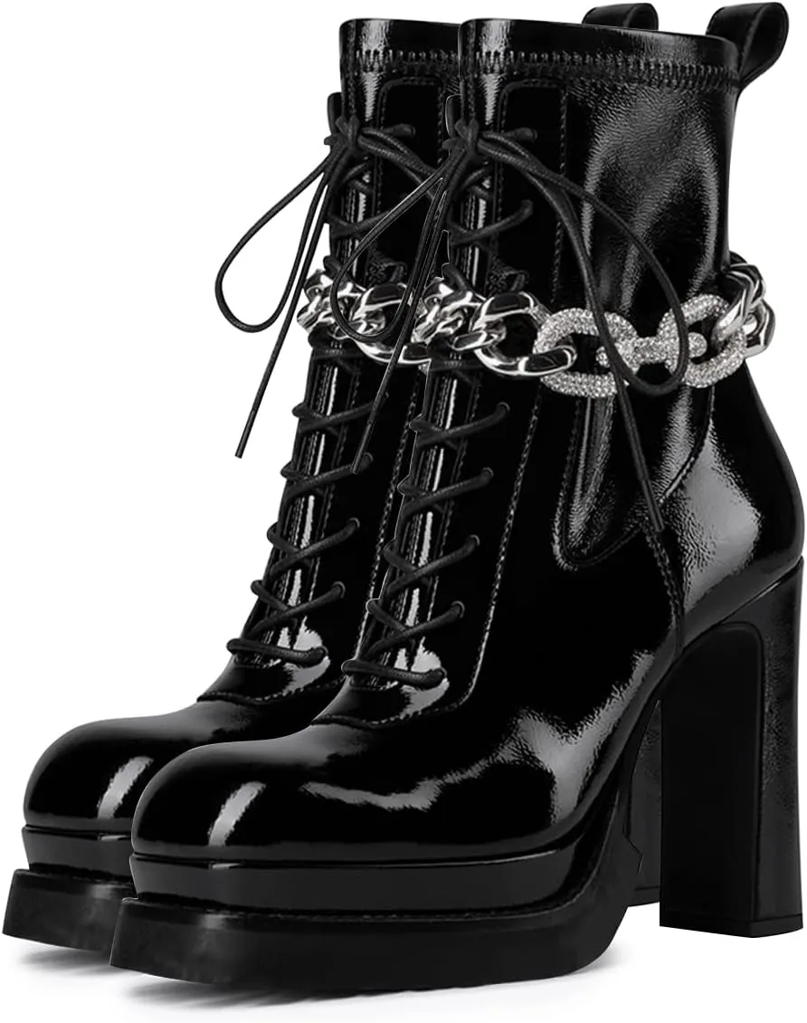 FSJ Women Chunky Platform Heel Ankle Boots Punk Lace Up Combat Boots Studded Chain Round Toe Gothic Mid Calf Booties Side Zipper Leather Motorcyle Boots Size 4-15 US