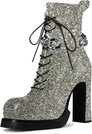 FSJ Women Chunky Platform Heel Ankle Boots Punk Lace Up Combat Boots Studded Chain Round Toe Gothic Mid Calf Booties Side Zipper Leather Motorcyle Boots Size 4-15 US