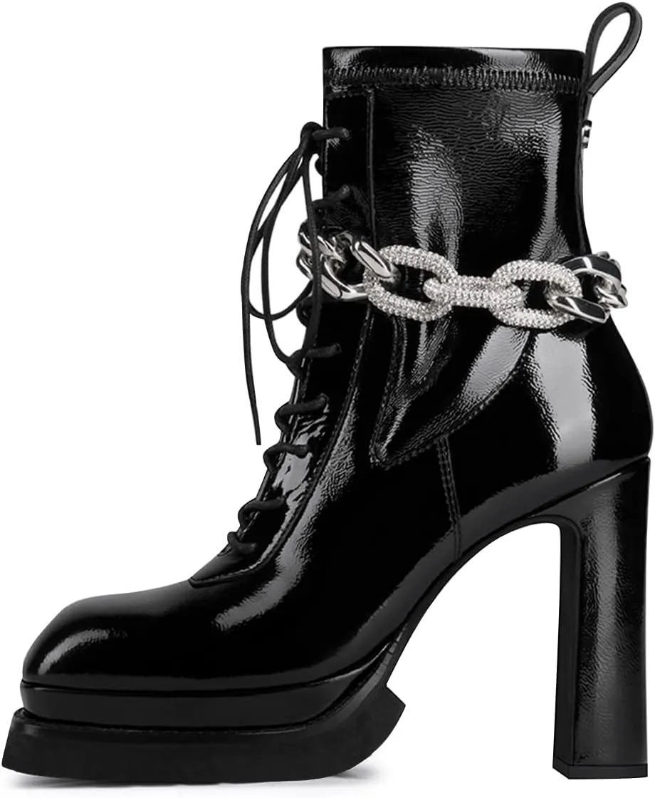 FSJ Women Chunky Platform Heel Ankle Boots Punk Lace Up Combat Boots Studded Chain Round Toe Gothic Mid Calf Booties Side Zipper Leather Motorcyle Boots Size 4-15 US