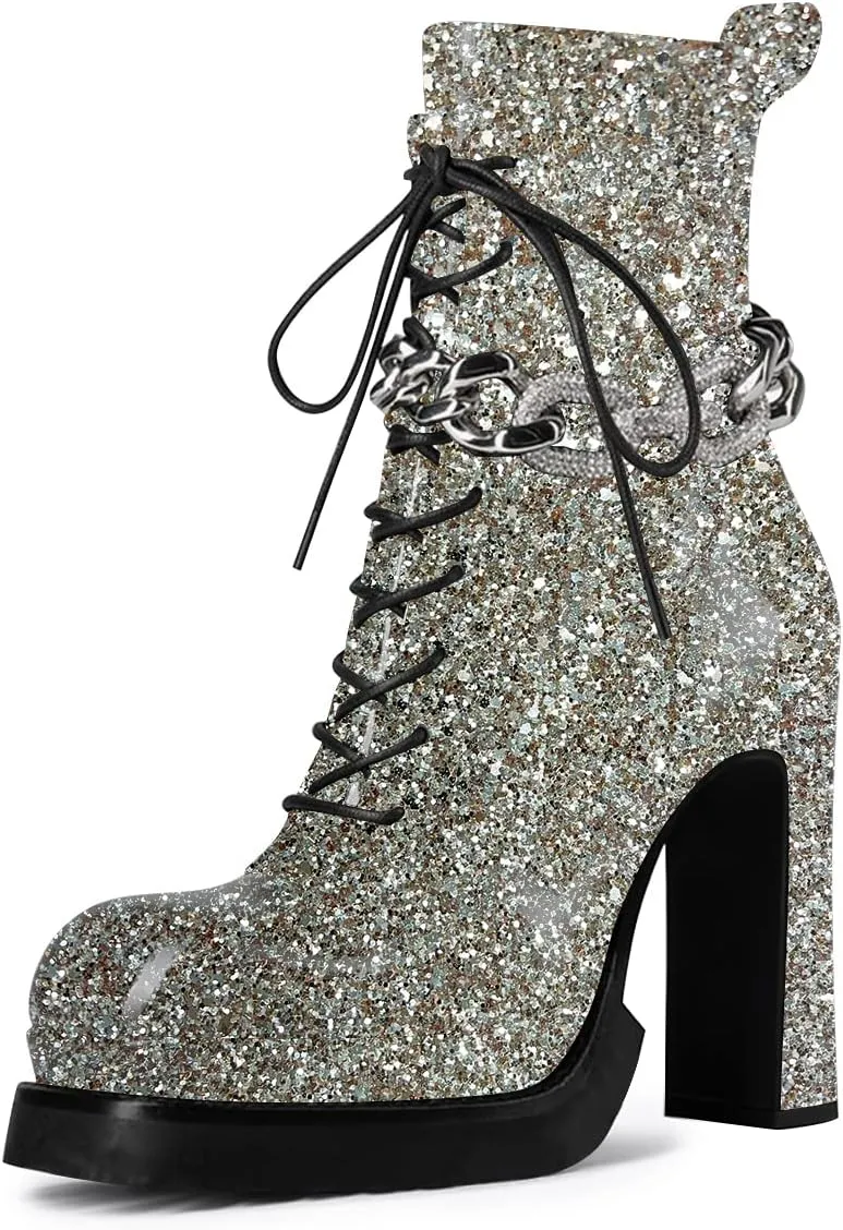 FSJ Women Chunky Platform Heel Ankle Boots Punk Lace Up Combat Boots Studded Chain Round Toe Gothic Mid Calf Booties Side Zipper Leather Motorcyle Boots Size 4-15 US