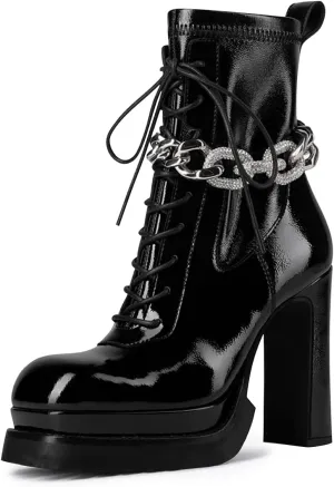 FSJ Women Chunky Platform Heel Ankle Boots Punk Lace Up Combat Boots Studded Chain Round Toe Gothic Mid Calf Booties Side Zipper Leather Motorcyle Boots Size 4-15 US