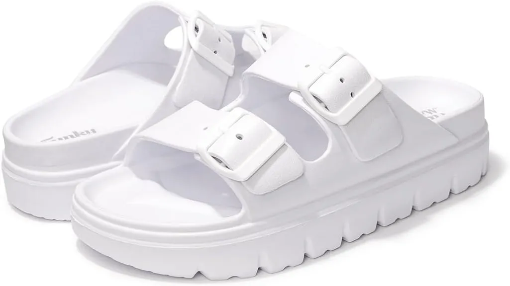FUNKYMONKEY Women's Comfort Slides Double Buckle Adjustable Plastics Flat Sandals