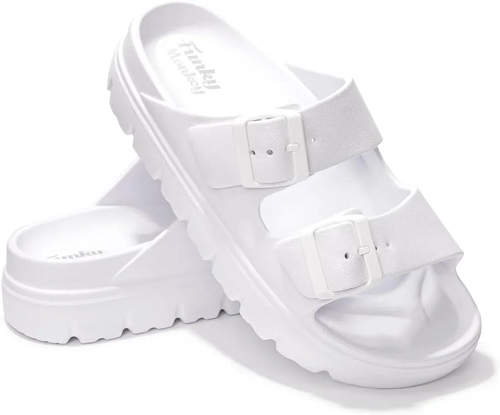 FUNKYMONKEY Women's Comfort Slides Double Buckle Adjustable Plastics Flat Sandals