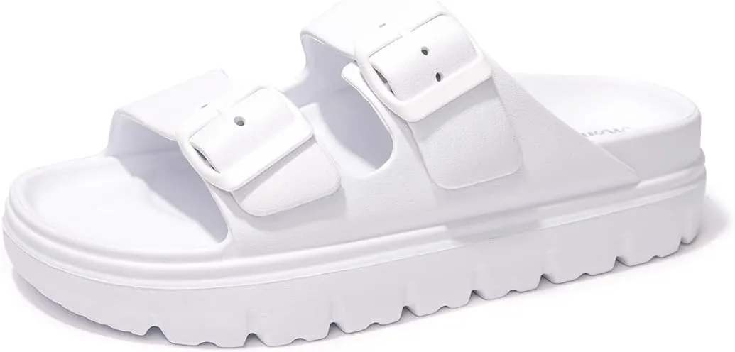 FUNKYMONKEY Women's Comfort Slides Double Buckle Adjustable Plastics Flat Sandals