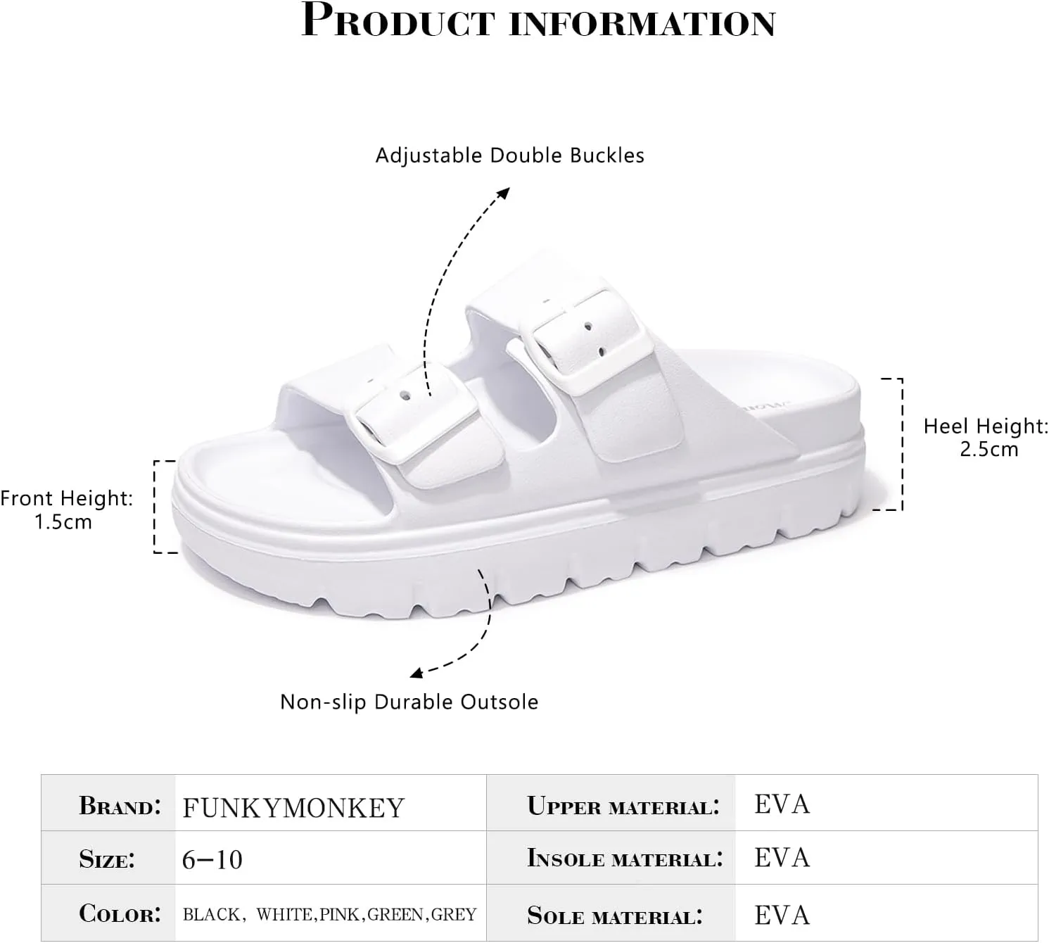 FUNKYMONKEY Women's Comfort Slides Double Buckle Adjustable Plastics Flat Sandals