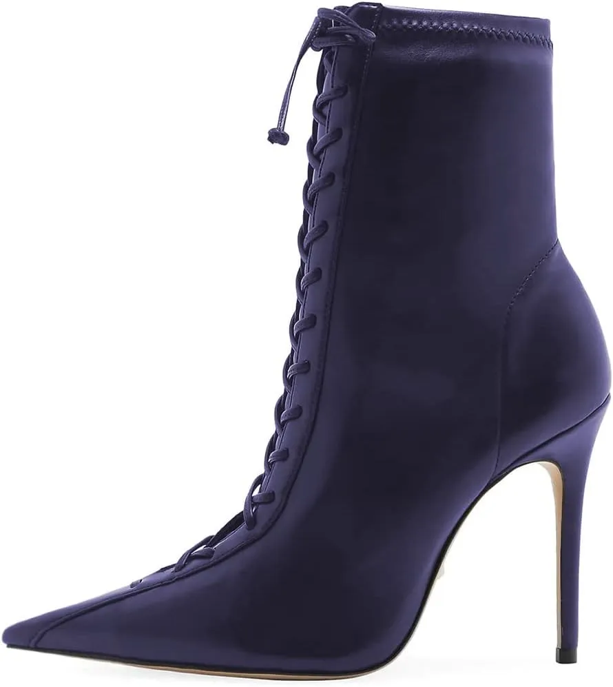 FYS Women Sexy Pointed Toe Stiletto High Heel Lace up Ankle Boots for Ladies Dress Autumn Booties Size 4-15 US