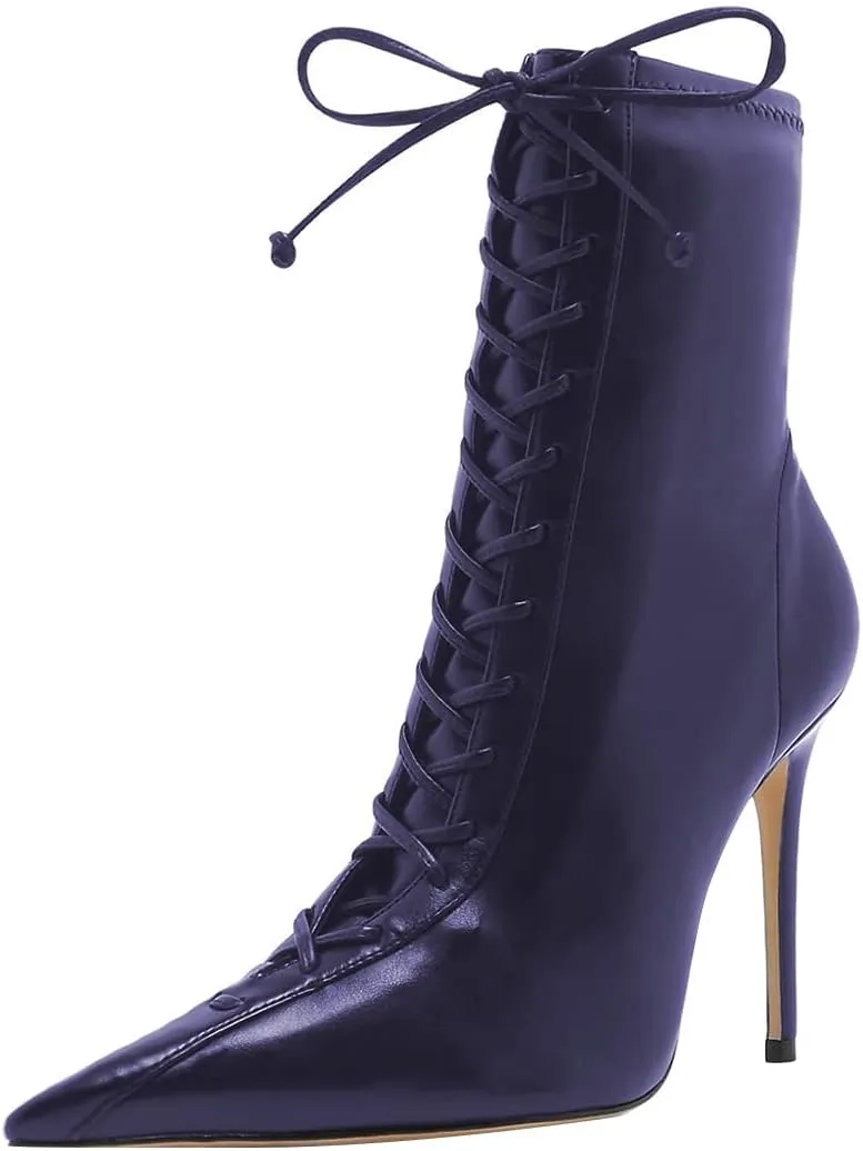 FYS Women Sexy Pointed Toe Stiletto High Heel Lace up Ankle Boots for Ladies Dress Autumn Booties Size 4-15 US