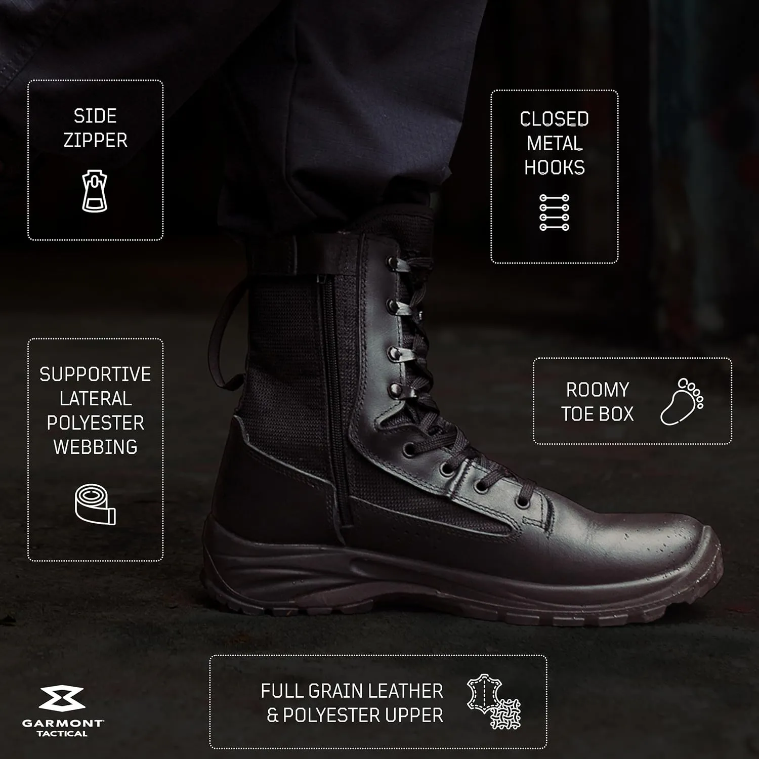 GARMONT TACTICAL T8 LE 2.0 Law Enforcement EMS Boots for Men and Women, Polishable Full Grain Leather, Lightweight and Breathable, Side Zipper, Uniform Compliant, 8" High, Black