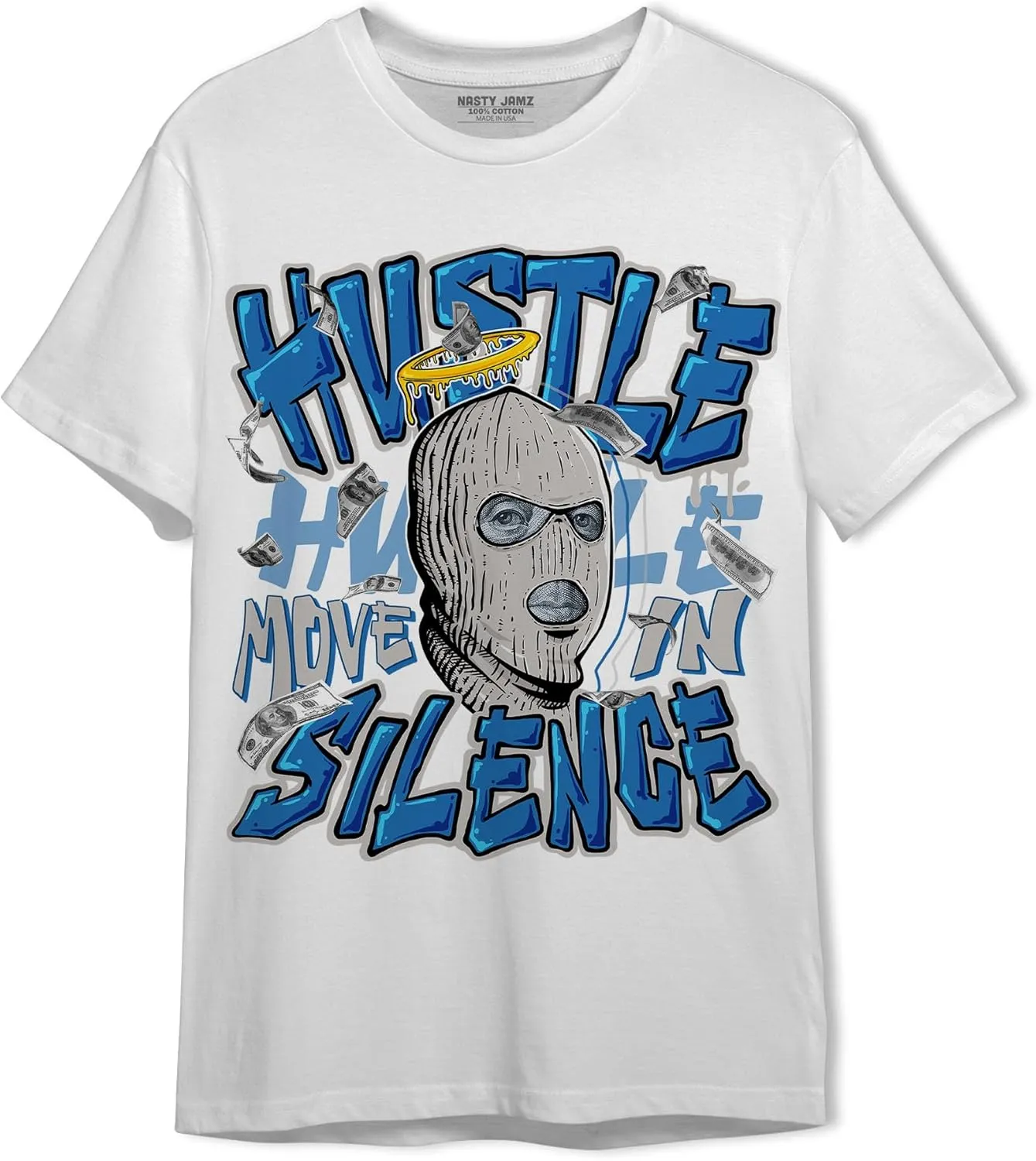 Generic Hustle Move in Silence T-Shirt to Match 4s Military Blue - Sneaker Matching Shirt, Unisex Tee Match Sneakers, Urban Streetwear Clothing, Sneaker Graphic Tees Design Printed, White/Black