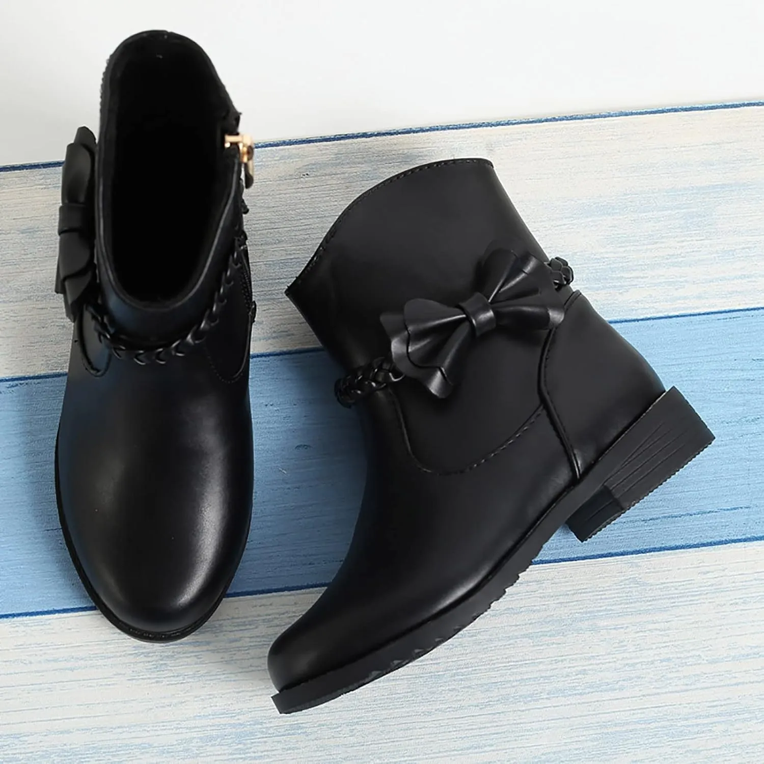 Girls Ankle Boots Kids Sweet Bow Princess Boots Vintage Braided Cowgirl Boots Chunky Low Heel Short Shoes with Zipper