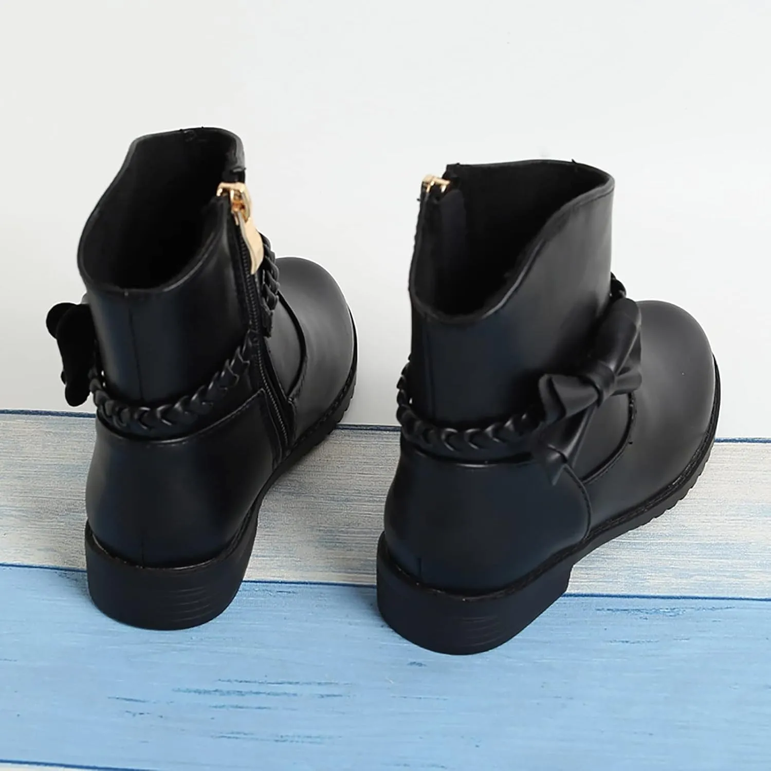 Girls Ankle Boots Kids Sweet Bow Princess Boots Vintage Braided Cowgirl Boots Chunky Low Heel Short Shoes with Zipper