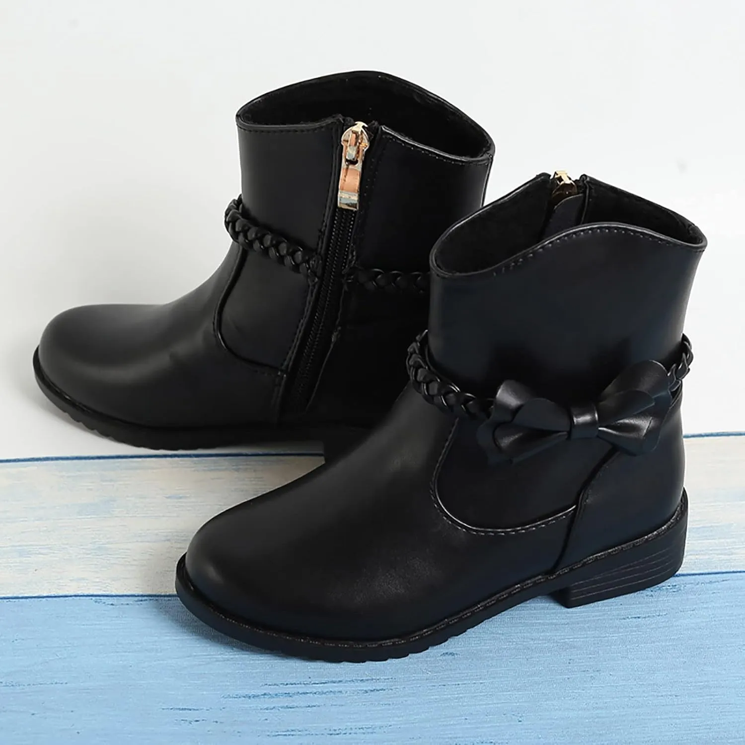 Girls Ankle Boots Kids Sweet Bow Princess Boots Vintage Braided Cowgirl Boots Chunky Low Heel Short Shoes with Zipper