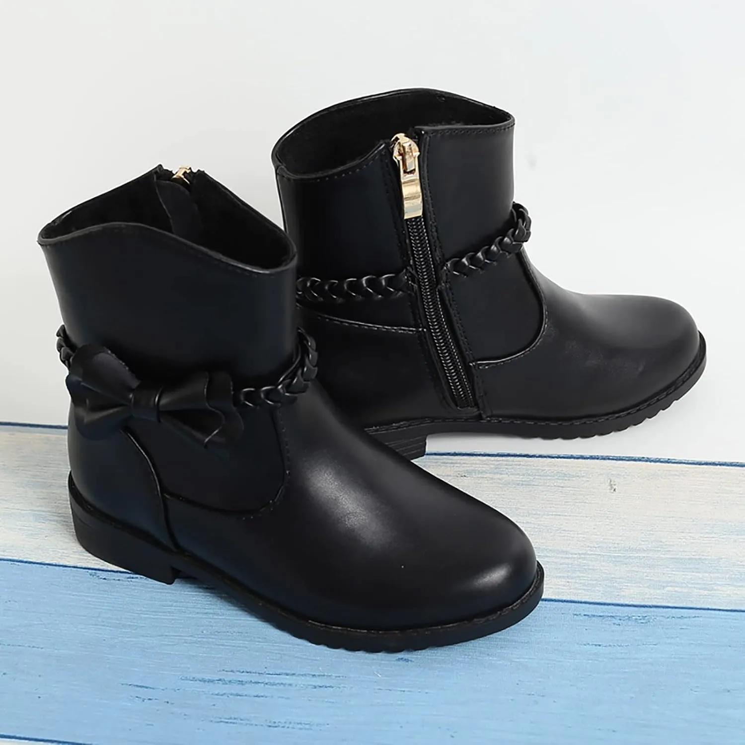 Girls Ankle Boots Kids Sweet Bow Princess Boots Vintage Braided Cowgirl Boots Chunky Low Heel Short Shoes with Zipper