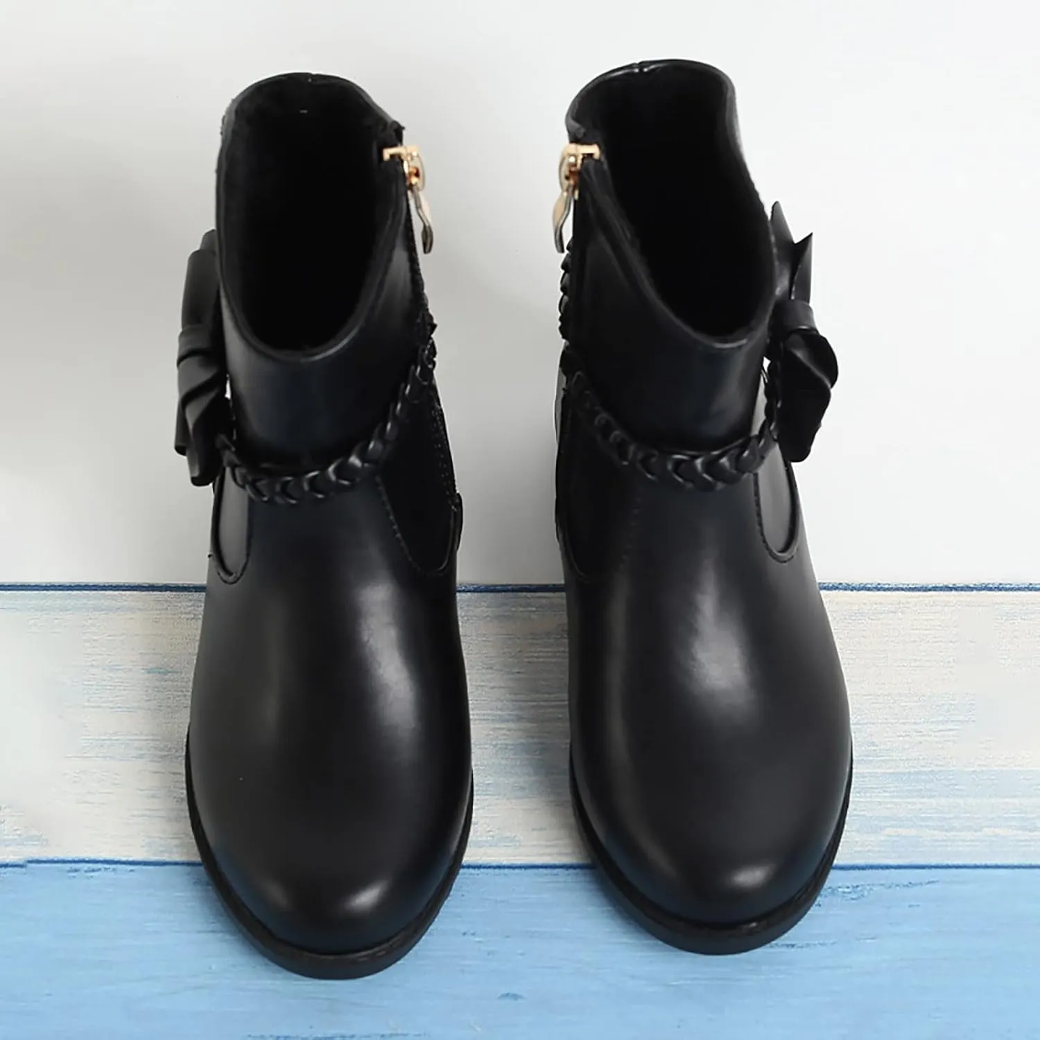 Girls Ankle Boots Kids Sweet Bow Princess Boots Vintage Braided Cowgirl Boots Chunky Low Heel Short Shoes with Zipper