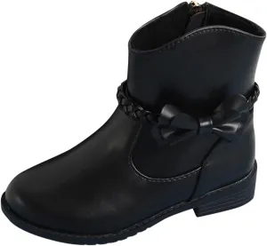 Girls Ankle Boots Kids Sweet Bow Princess Boots Vintage Braided Cowgirl Boots Chunky Low Heel Short Shoes with Zipper