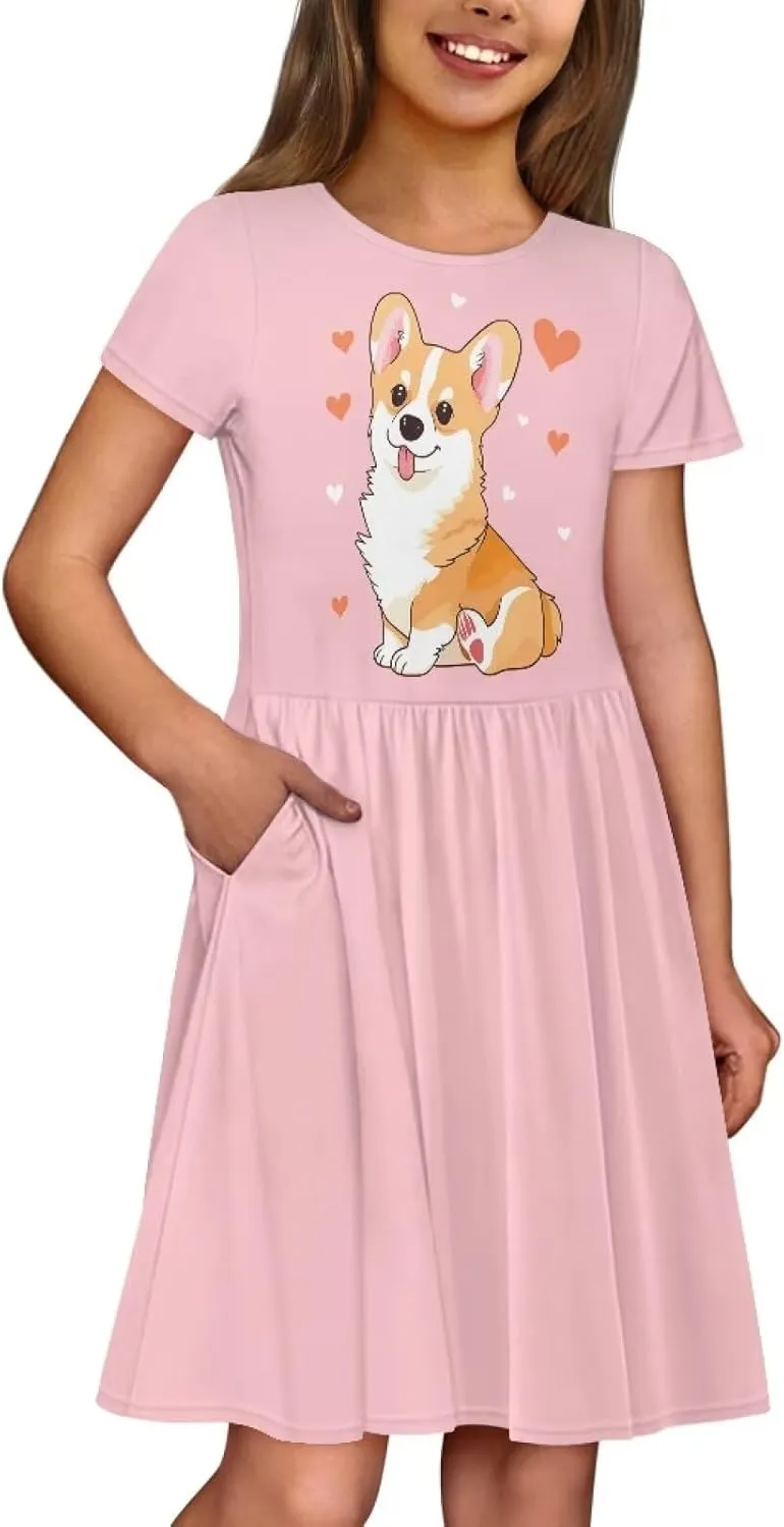 Girls Short Sleeve Dresses with Pockets Cute Dresses for Girls 3-16 Years Old