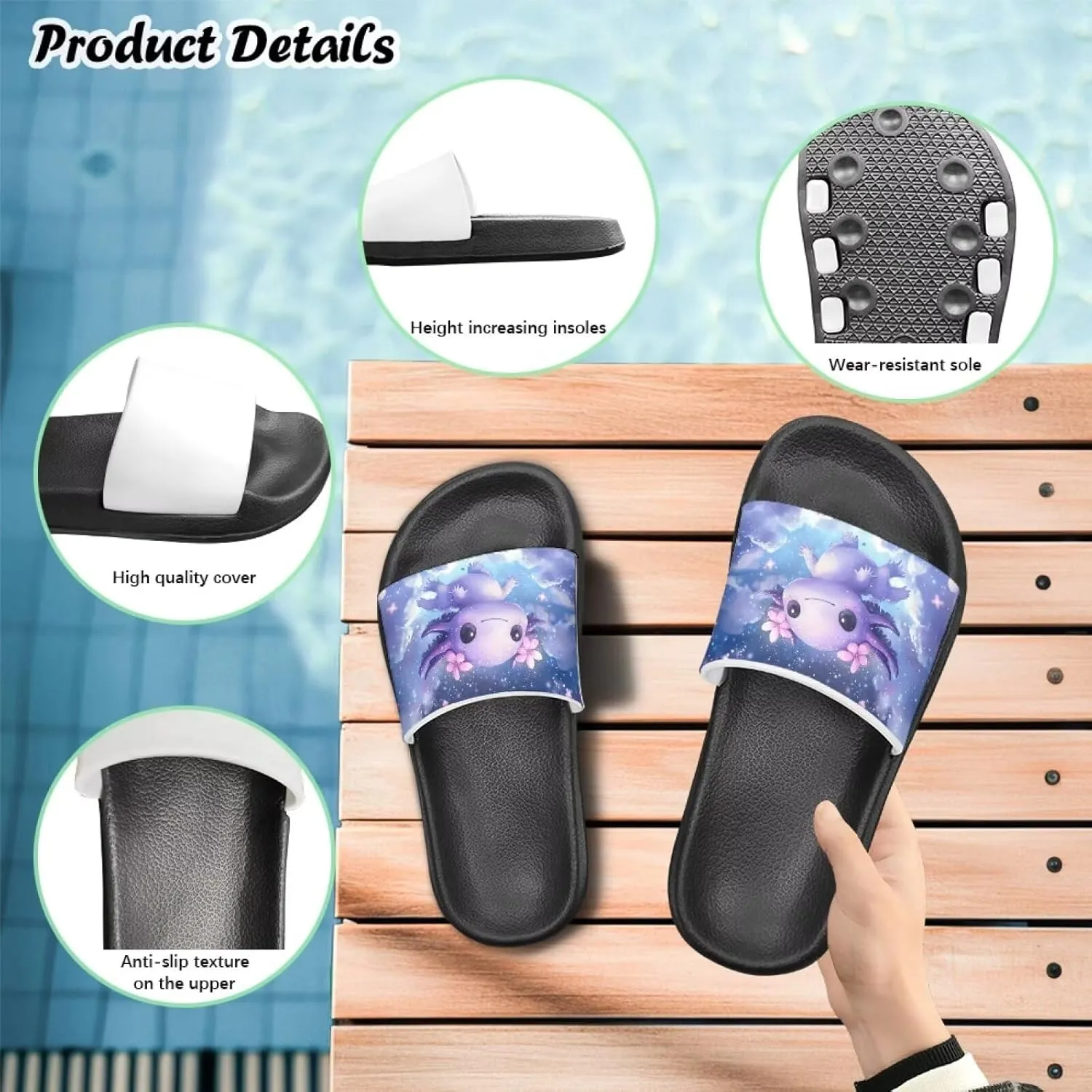 Girls Slide Sandals Axolotl Theme Summer Slippers for Kids Shower Shoes