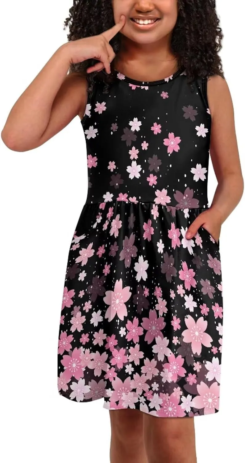 Girls Summer Dress with Pockets Casual Sleeveless Midi Dress for 4-14 Years