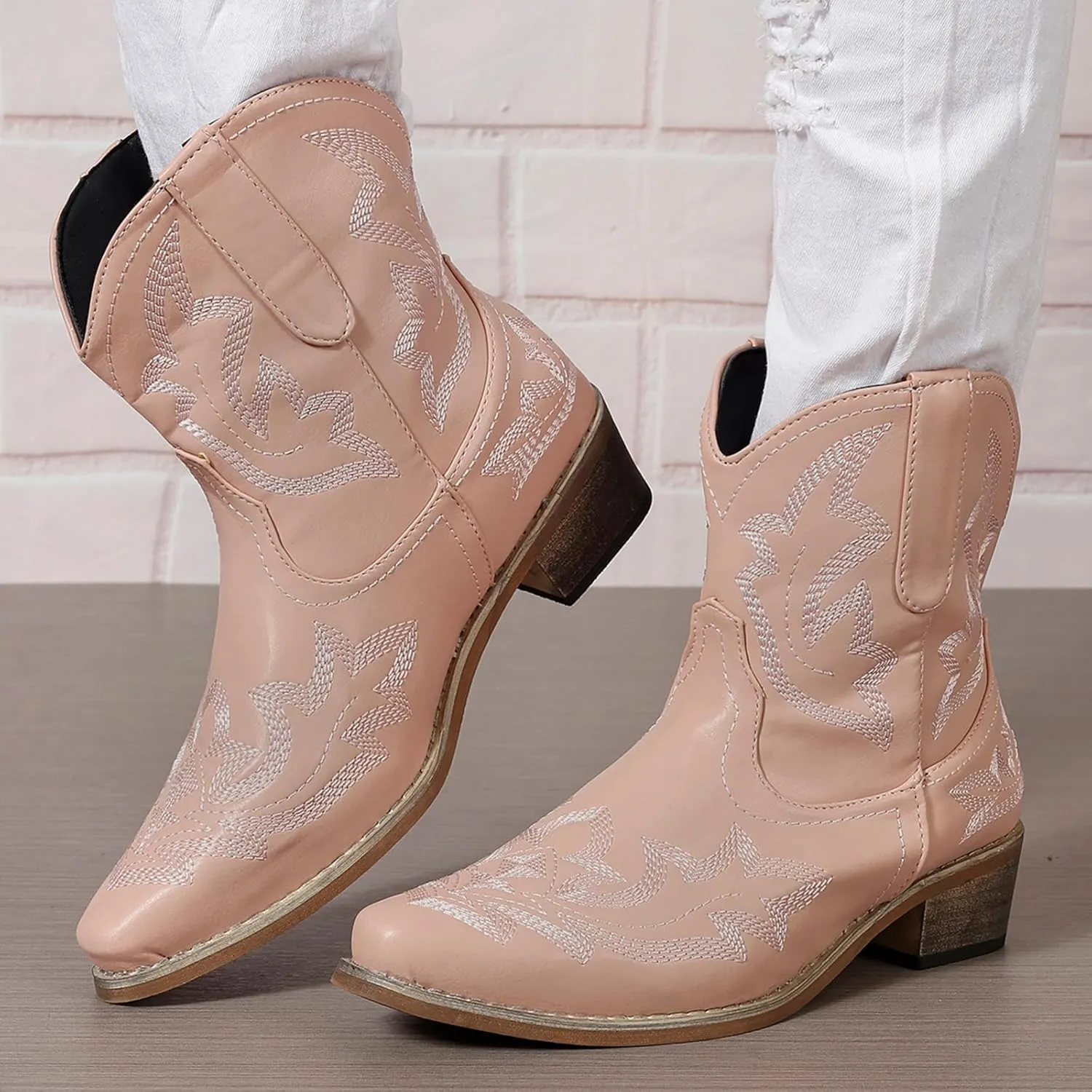 gloryinterest Cowboy Boots for Women Booties Ankle Cowgirl Western Boots Stitched Embroidered Pointed Toe Short Chunky Classic Brown Red Blue US6-10.5