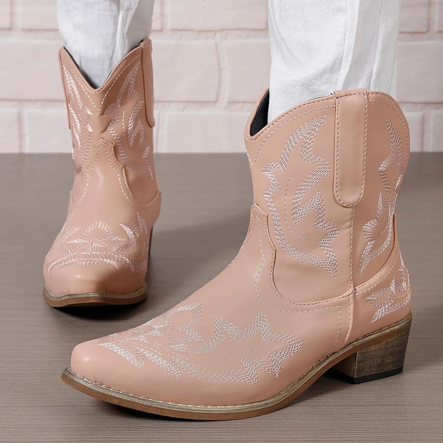 gloryinterest Cowboy Boots for Women Booties Ankle Cowgirl Western Boots Stitched Embroidered Pointed Toe Short Chunky Classic Brown Red Blue US6-10.5