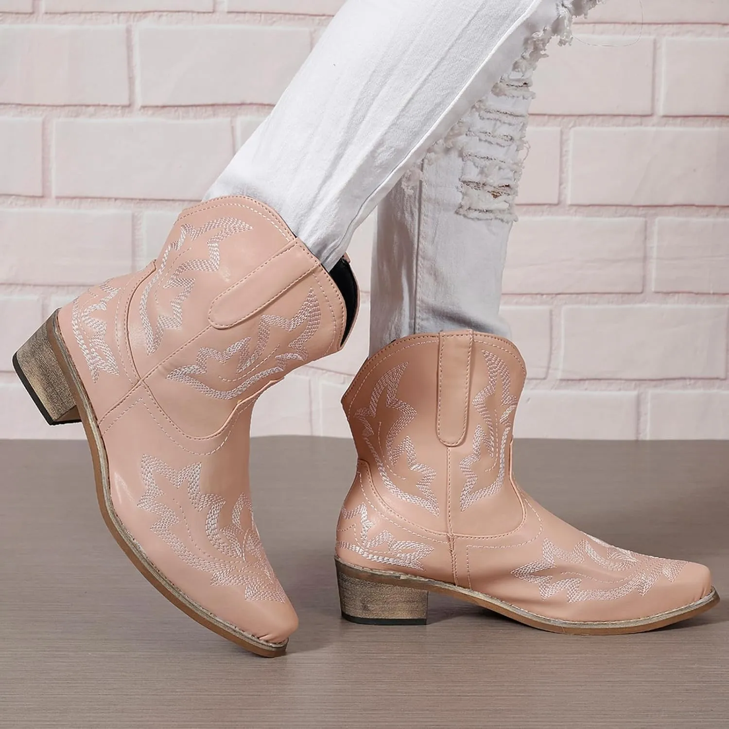 gloryinterest Cowboy Boots for Women Booties Ankle Cowgirl Western Boots Stitched Embroidered Pointed Toe Short Chunky Classic Brown Red Blue US6-10.5