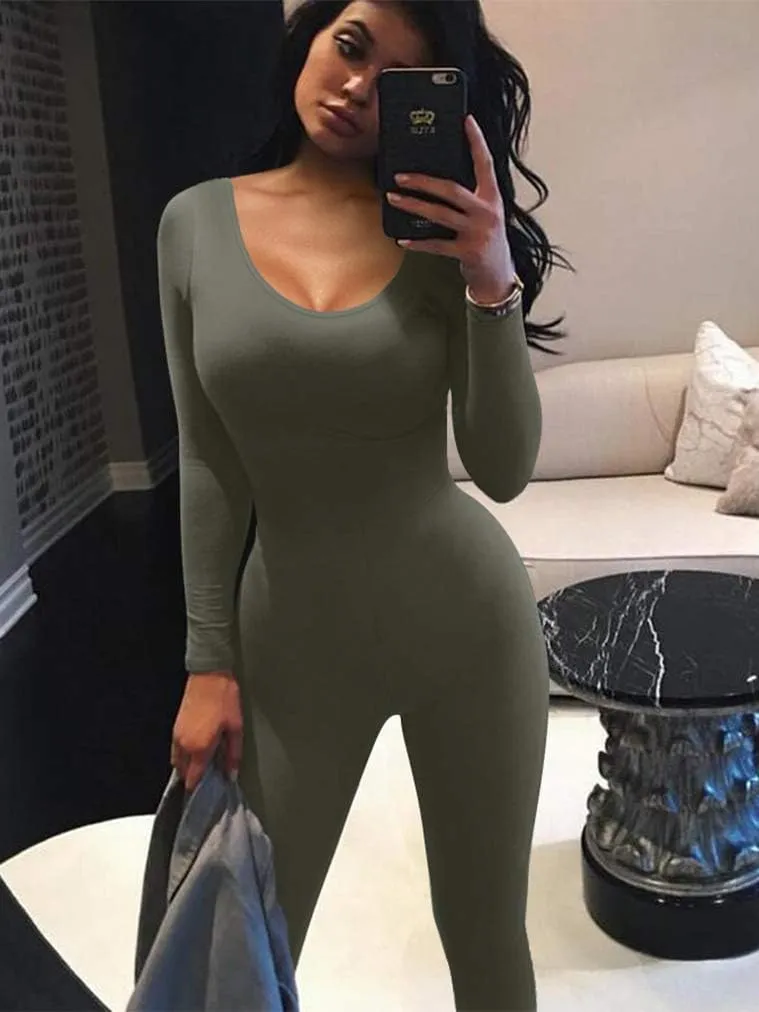 GOKATOSAU Women's Sexy Long Sleeve Bodycon Solid Outfits Club Rompers Jumpsuits