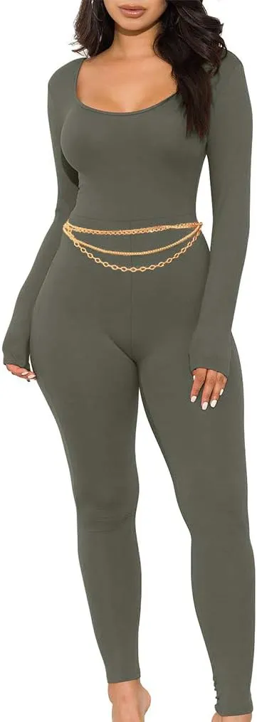 GOKATOSAU Women's Sexy Long Sleeve Bodycon Solid Outfits Club Rompers Jumpsuits