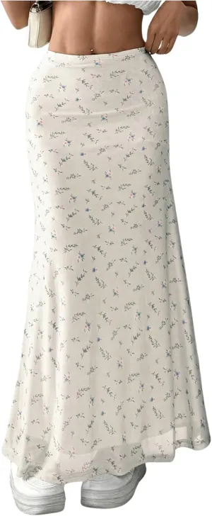 GORGLITTER Women's Floral Flowy Mesh Maxi Skirt High Waisted A Line Long Skirts Summer Outfits