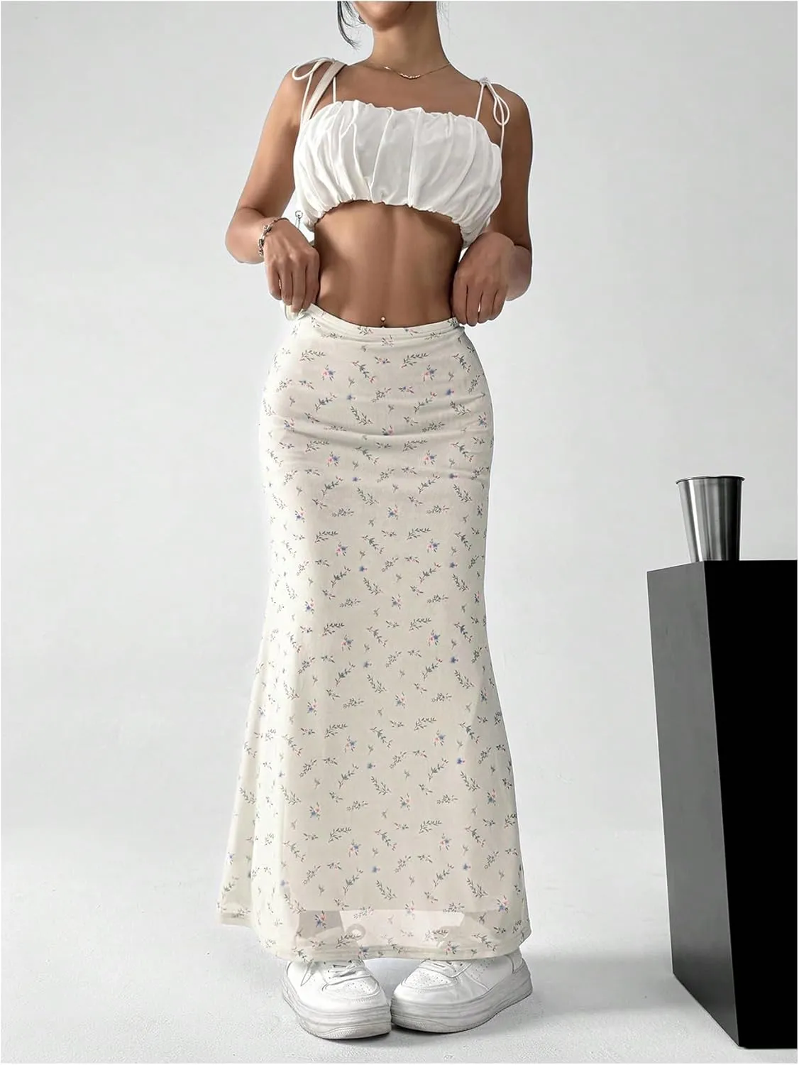 GORGLITTER Women's Floral Flowy Mesh Maxi Skirt High Waisted A Line Long Skirts Summer Outfits