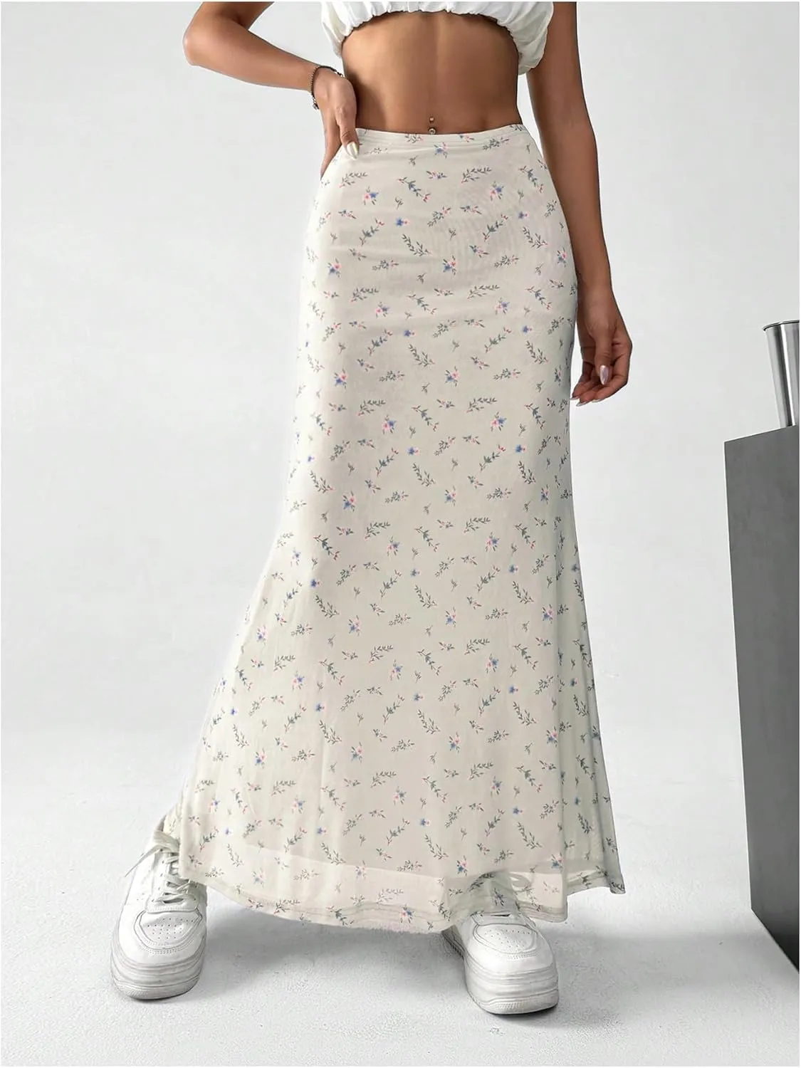 GORGLITTER Women's Floral Flowy Mesh Maxi Skirt High Waisted A Line Long Skirts Summer Outfits
