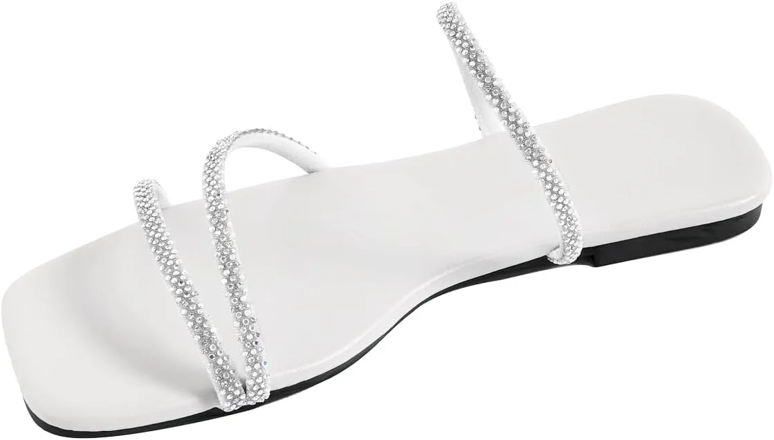 GORGLITTER Women's Rhinestone Flat Sandals Strappy Slip on Open Toe Slide Sandals