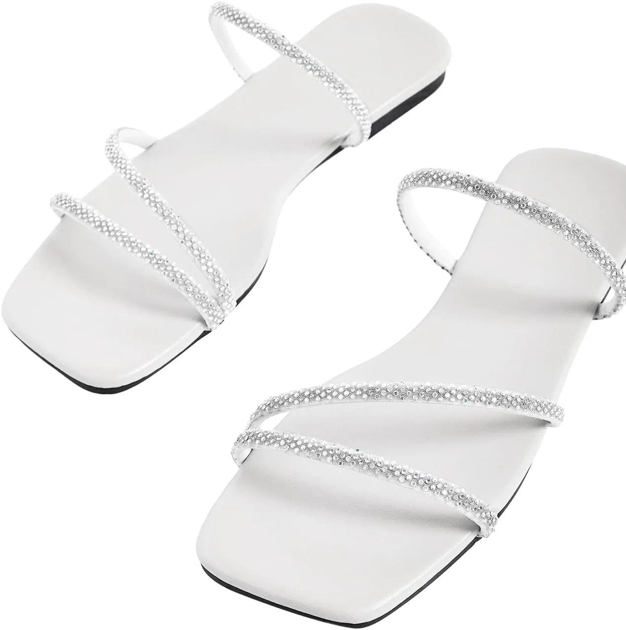 GORGLITTER Women's Rhinestone Flat Sandals Strappy Slip on Open Toe Slide Sandals