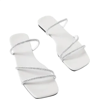 GORGLITTER Women's Rhinestone Flat Sandals Strappy Slip on Open Toe Slide Sandals
