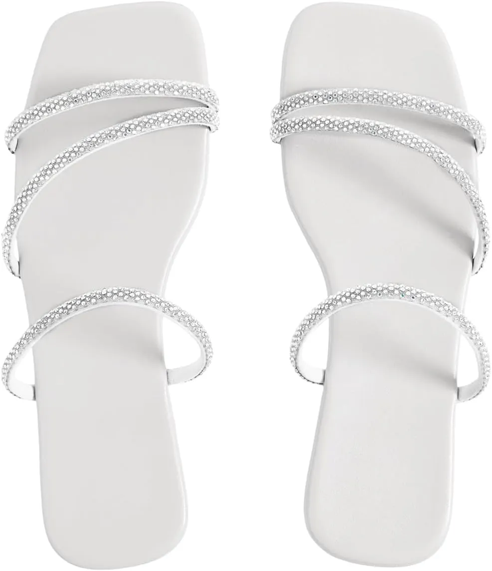 GORGLITTER Women's Rhinestone Flat Sandals Strappy Slip on Open Toe Slide Sandals