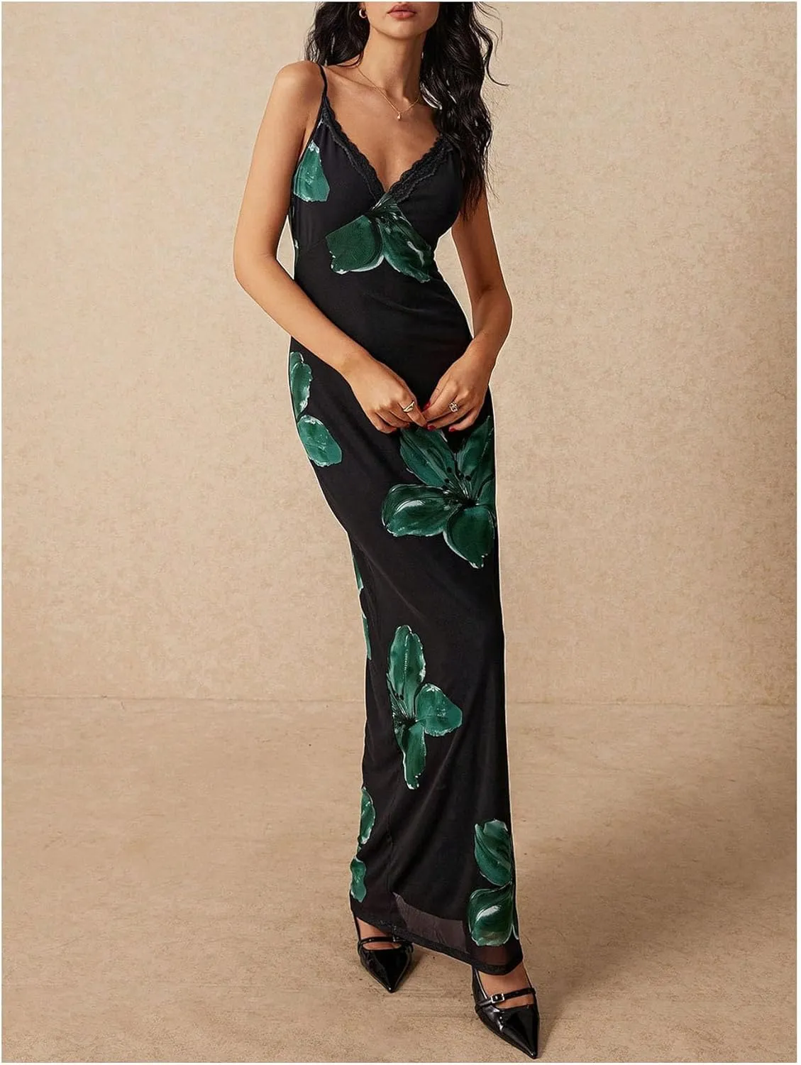 GORGLITTER Women's Summer Floral Fishtail Cami Dresses Lace Sleeveless Spaghetti Strap Party Maxi Dress