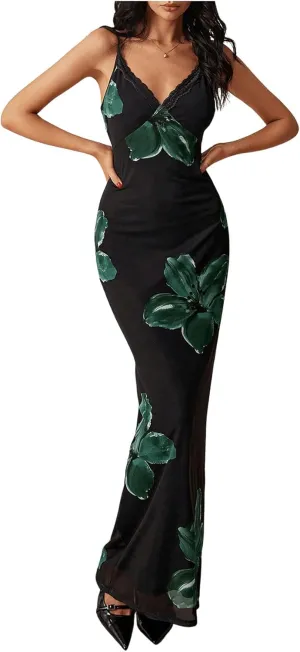 GORGLITTER Women's Summer Floral Fishtail Cami Dresses Lace Sleeveless Spaghetti Strap Party Maxi Dress