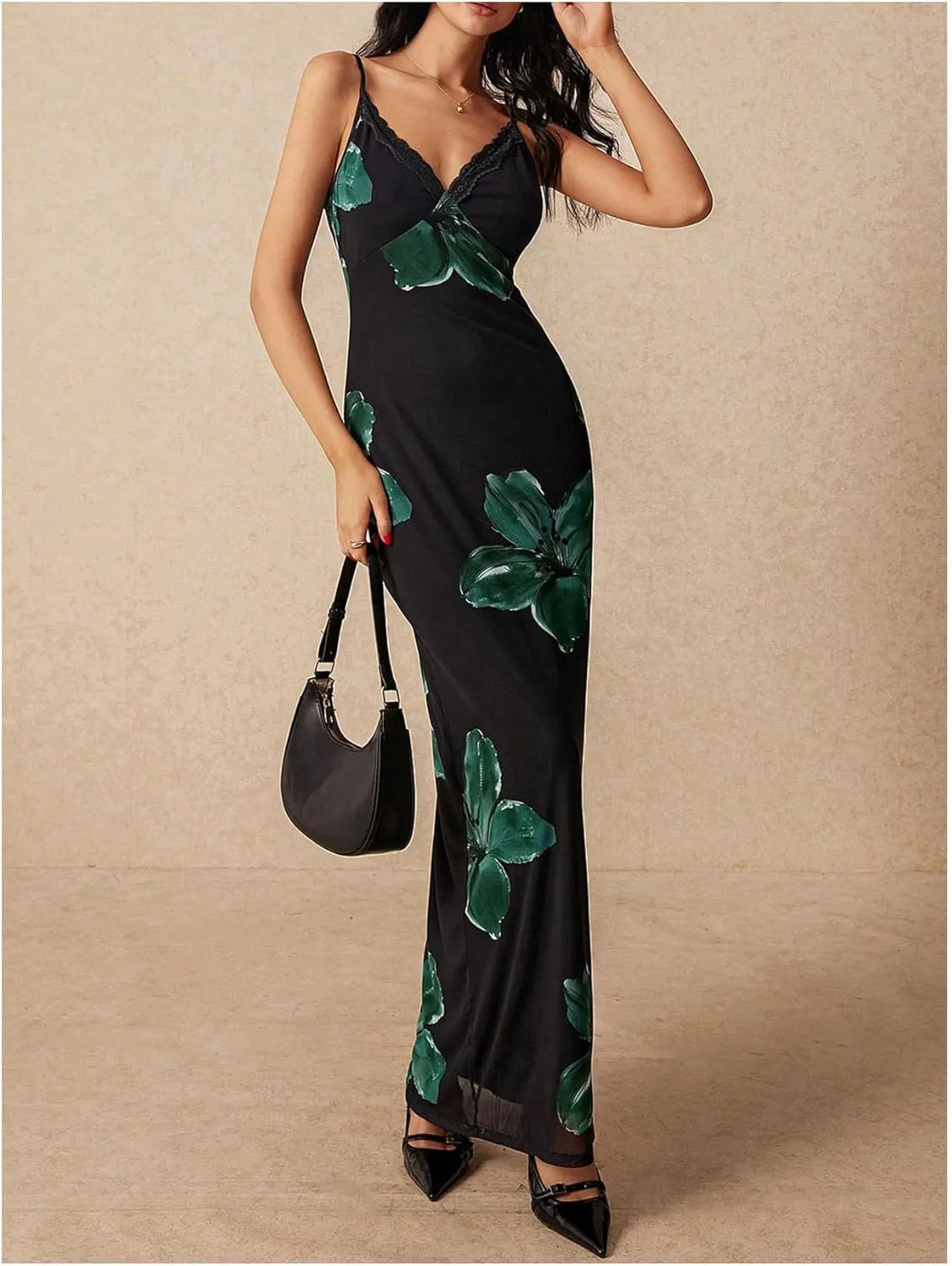 GORGLITTER Women's Summer Floral Fishtail Cami Dresses Lace Sleeveless Spaghetti Strap Party Maxi Dress