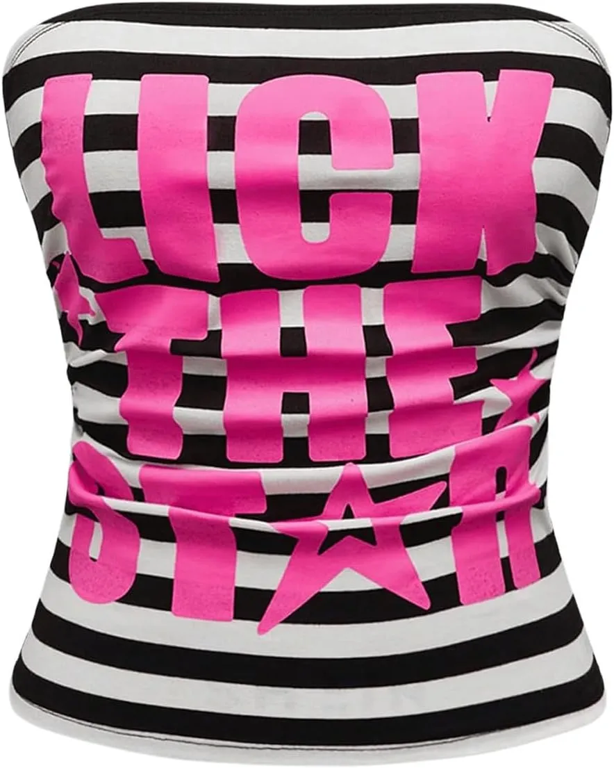 GORGLITTER Women's Y2k Striped Letter Graphic Ruched Tube Top Strapless Sleeveless Bandeau