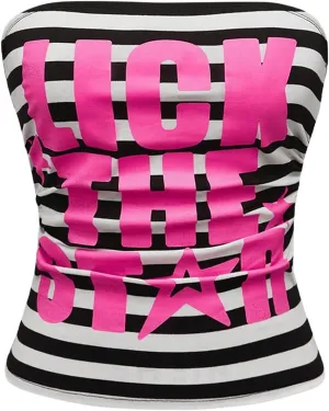 GORGLITTER Women's Y2k Striped Letter Graphic Ruched Tube Top Strapless Sleeveless Bandeau