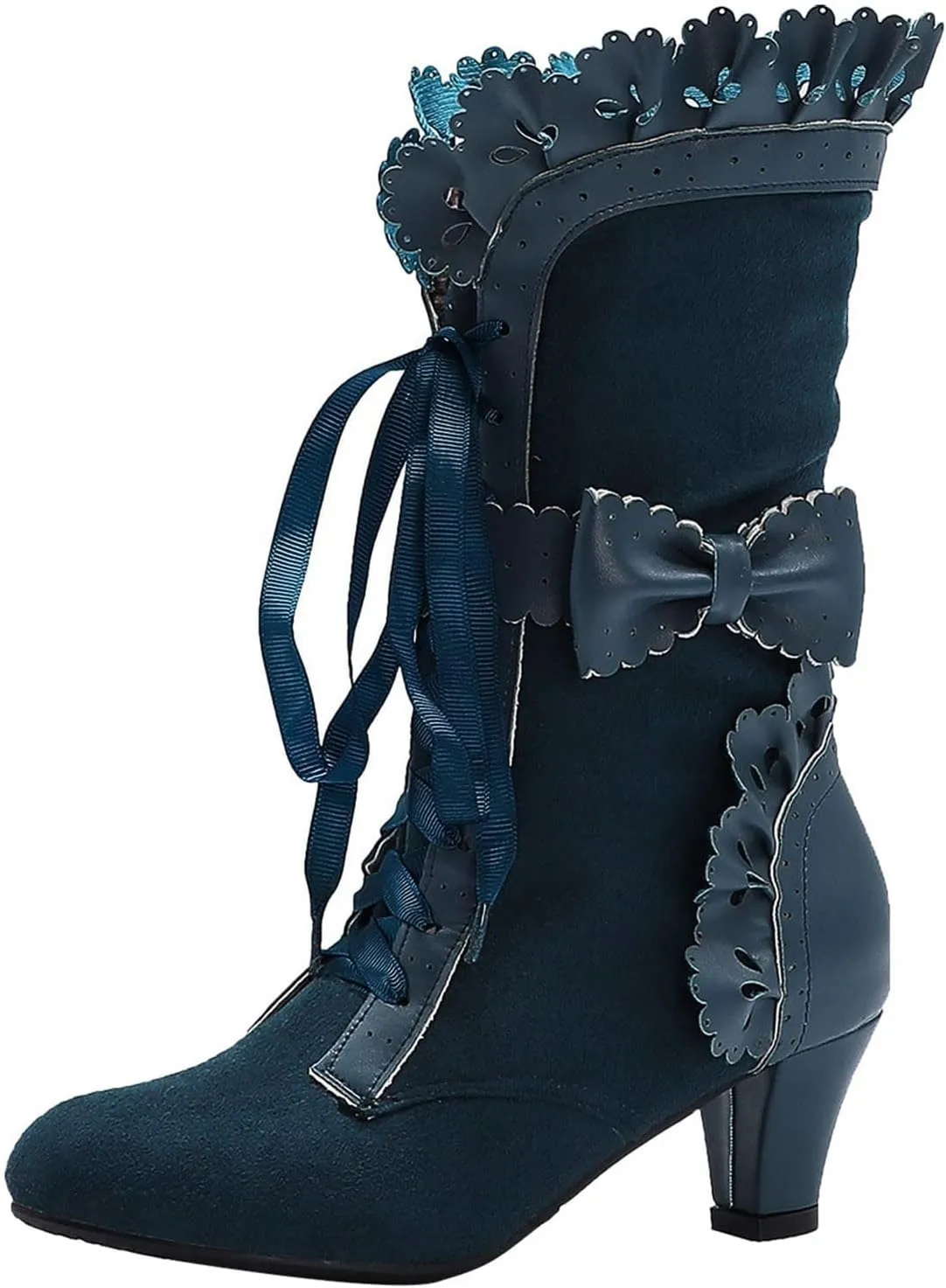 Gothic Boots for Women Halloween Womens Mid Calf Boots Gothic Chunky Heel Lace Up Mesh Vintage Round Toe Knight Boots
