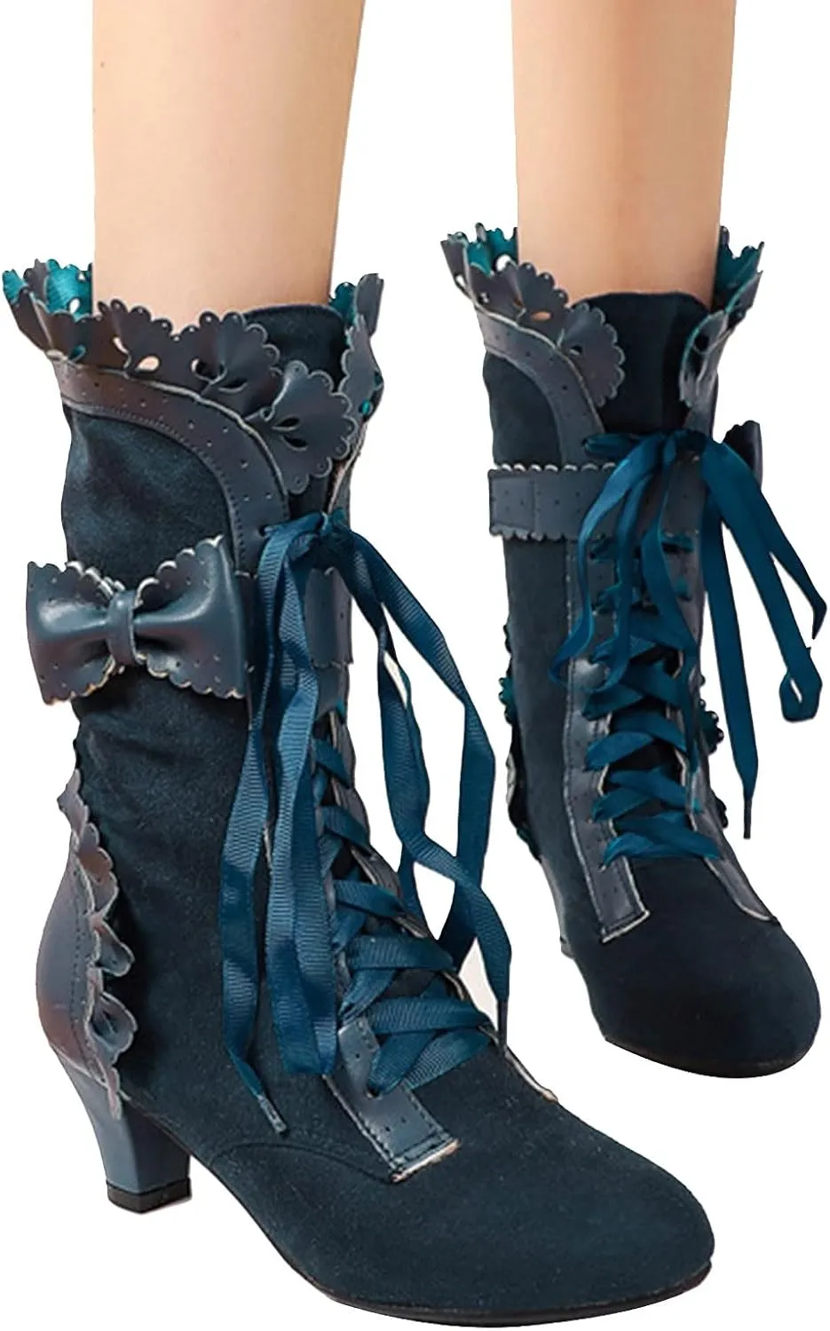 Gothic Boots for Women Halloween Womens Mid Calf Boots Gothic Chunky Heel Lace Up Mesh Vintage Round Toe Knight Boots