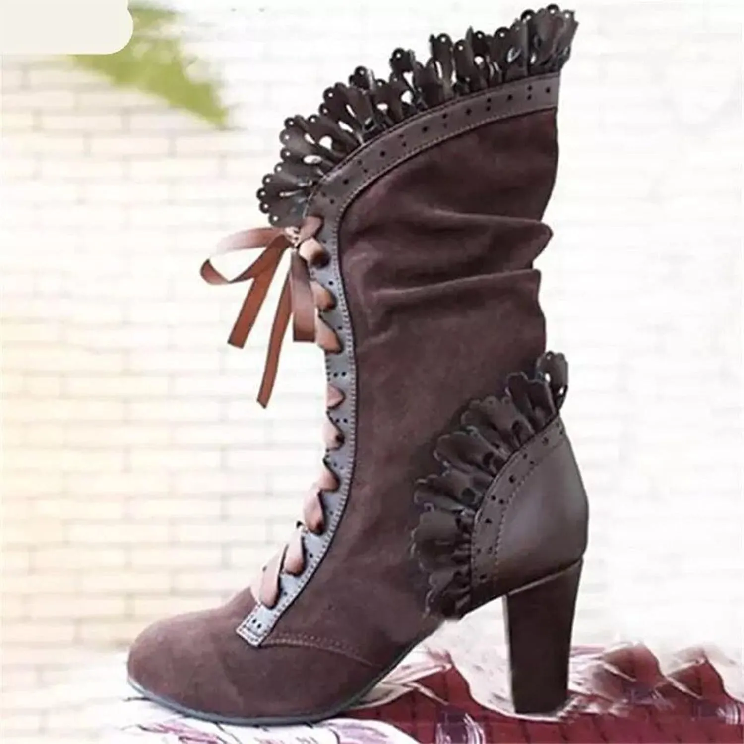 Gothic Boots for Women Halloween Womens Mid Calf Boots Gothic Chunky Heel Lace Up Vintage Round Toe Knight Boots Fall